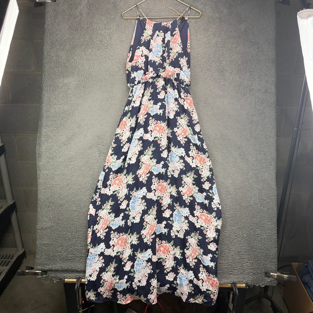 IJOAH Navy Blue Floral Halter Neck Maxi Dress Large Sleeveless Boho Flowy